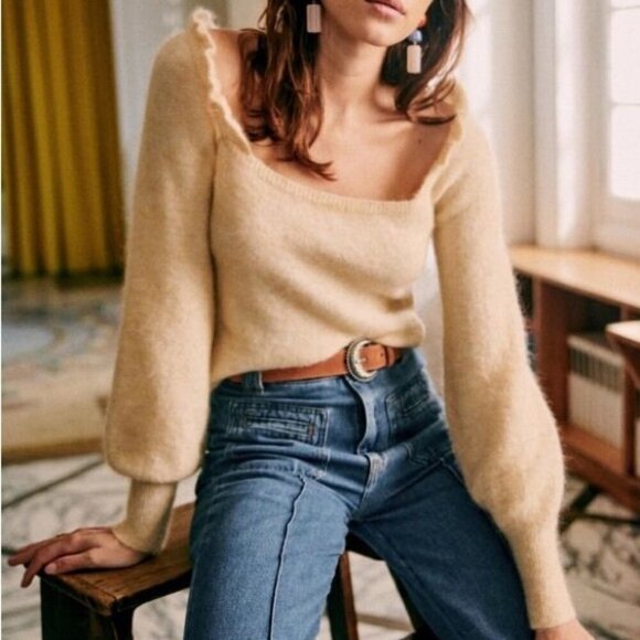Sezane Mila Jumper Knit Sweater Square Neck Ruffle Mohair Merino Wool French XS - Picture 10 of 10